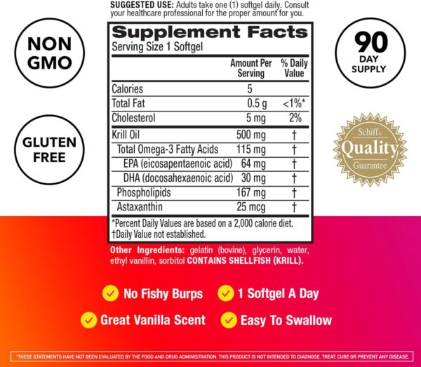 MegaRed Antarctic Krill Oil 500mg Omega 3 Fatty Acid Supplement, Extra Strength EPA & DHA Krill Oil Softgels (90cnt Box), Astaxanthin, Heart Health Supplement with No Fish Oil Aftertaste