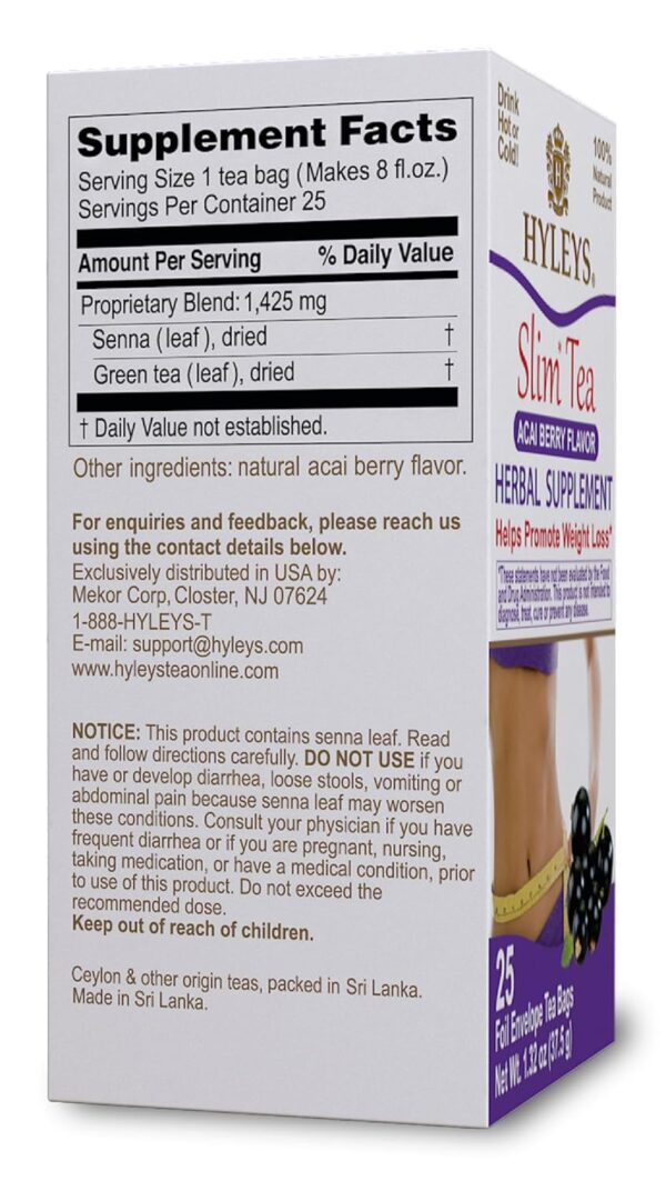 Hyleys Slim Tea Acai Berry Flavor - Weight Loss Herbal Supplement Cleanse and Detox - 25 Tea Bags (1 Pack)