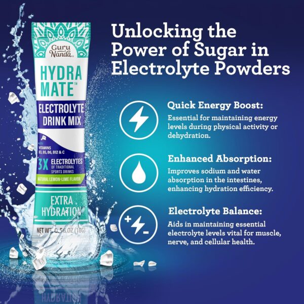 GuruNanda Hydramate Hydration Support Drink Mix - Electrolyte Powder Packets for Dehydration, Exercise & Energy - No Added Sweeteners, Non-GMO, Natural Lemon Lime Flavor - 48 Count (0.56 oz Each)