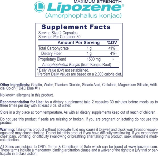 Lipozene Diet Pills - Weight Loss Supplement - Appetite Suppressant- 1 Bottle of 60 Capsules for 30 Servings- No Caffeine