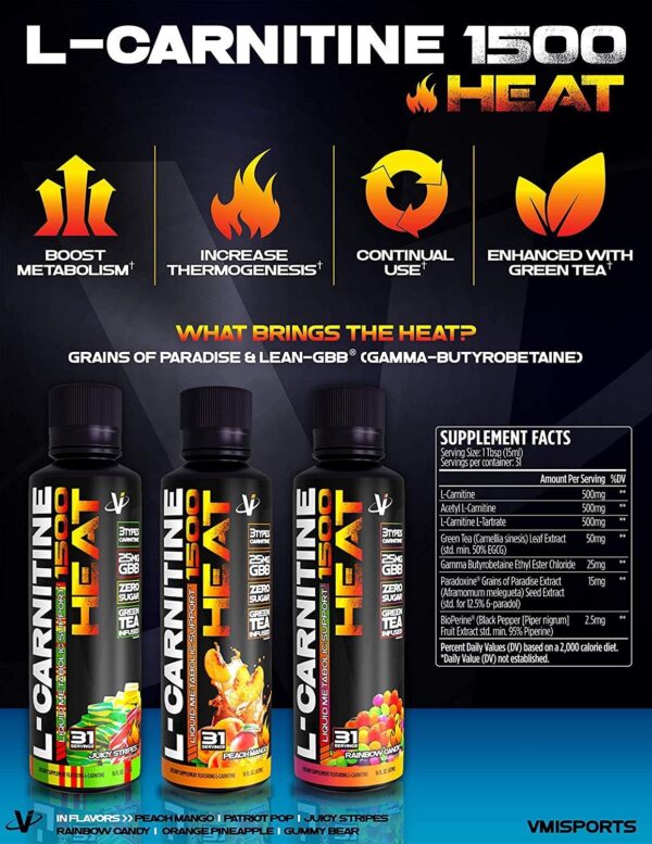 VMI Sports L-Carnitine 1500 Heat Stimulant Free Thermogenic Metabolic Support & Fat Loss for Men & Women | 1500mg L-Carnitine | Convenient Liquid (Patriot Pop)