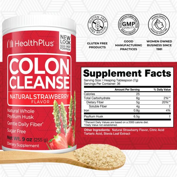 Health Plus Colon Cleanse Digestive Support | Natural Sweetener without Artificial Flavors | Daily Fiber for Toxin Elimination To Reduce Bloating | Strawberry Flavor | 9 Ounces, 36 Servings