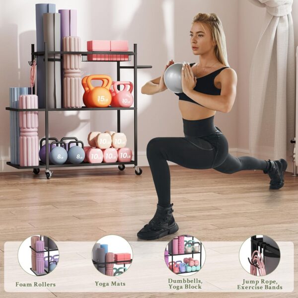 Hadulcet Yoga Mat Storage Rack, Stable Home Gym Storage for Dumbbells, Kettlebell, Workout Equipment Storage Organizer with Removable Hooks, Yoga Mat Holder for Easy to Move