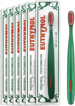 Euthymol Toothbrush (Regular, 6 Count) - Standard-Sized, Curved Soft Bristles for Sensitive Teeth, Gums. Effective, Gentle Cleaning for Entire Family.