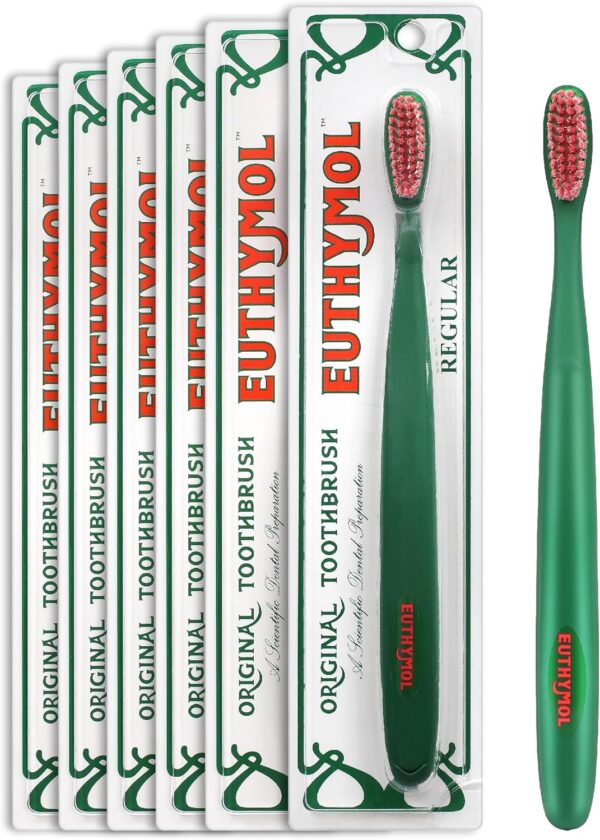 Euthymol Toothbrush (Regular, 6 Count) - Standard-Sized, Curved Soft Bristles for Sensitive Teeth, Gums. Effective, Gentle Cleaning for Entire Family.