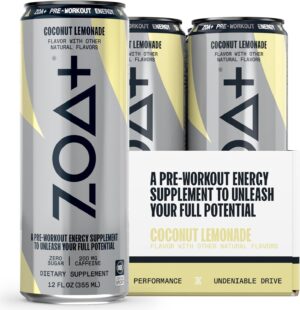 ZOA+ Pre-Workout Energy Drink Supplement - NSF Certified for Sport with Zero Sugar, Nitric Oxide Support, B & D Vitamins, Amino Acids, and Electrolytes (Coconut Lemonade)