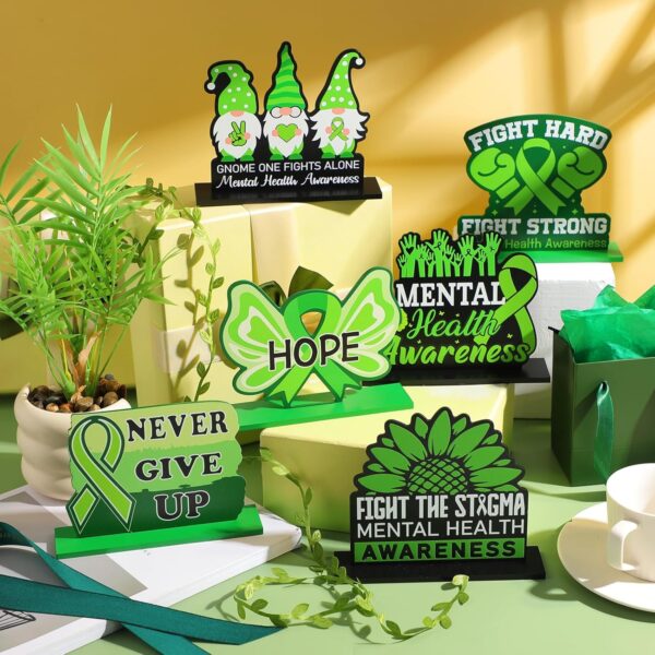 Amyhill 6 Pcs Mental Health Awareness Month Green Standing Block Sign Wooden Standing Table Centerpieces Motivational Green Ribbon Table Signs Decorations for Office Charity Party Supplies