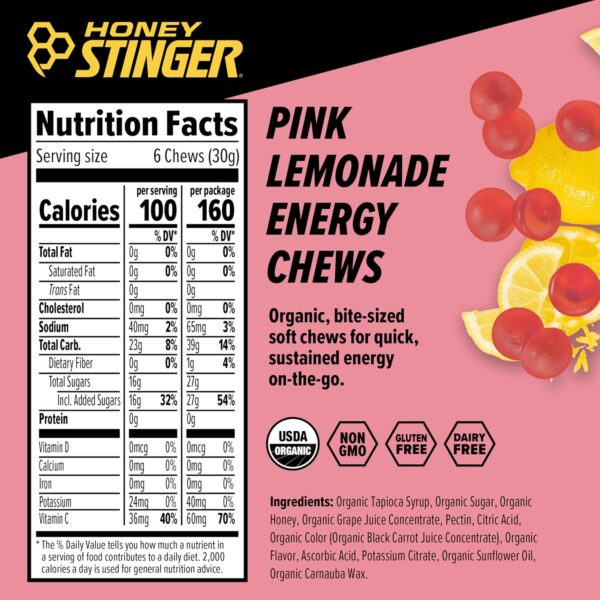 81jx2Cg8cBL._SL1500_.jpg Honey Stinger Organic Pink Lemonade Energy Chew | Gluten Free & Caffeine Free | for Exercise, Running and Performance | Sports Nutrition for Home & Gym, Pre and Mid Workout | 12 Pack, 21.6 Ounce