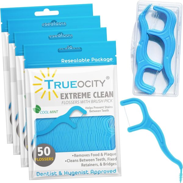 Trueocity Dental Flossers Brush Picks 4 Pack w/Travel Case (200 Total Count), Dental Floss Glides Easy, Flosser Helps Prevent Tooth Decay & Gum Disease, Easy Grip, Flossers for Adults, Mint Flavored