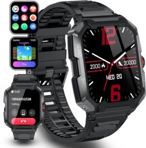 Rugged Smart Watch (Answer/Make Calls)Waterproof Smartwatches for Men Outdoor 1.85" Sports Fitness Tracker For Men with Heart Rate, Sleep Monitor with 100+ Sports Moeds for Android and iOS,47 Black