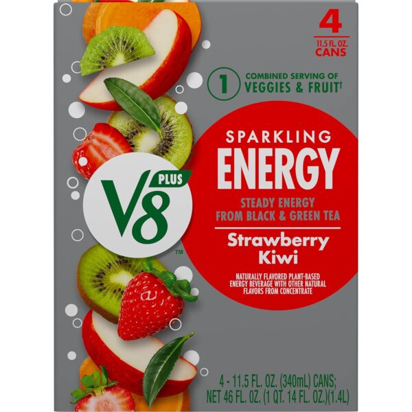 V8 +SPARKLING ENERGY Strawberry Kiwi Energy Drink, Made with Real Vegetable and Fruit Juices, 11.5 FL OZ Can (6 Packs of 4)