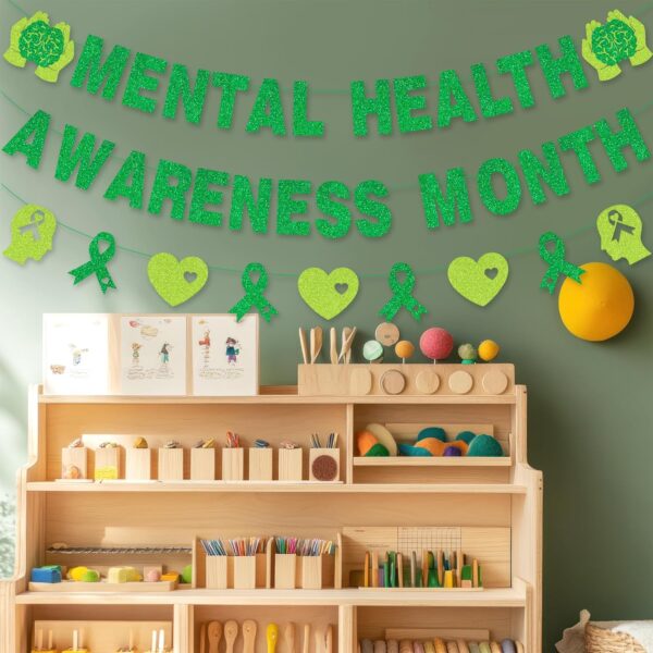 Mental Health Awareness Month Banner No DIY Glitter Green Mental Health Awareness Month Bulletin Board Decorations for School Classroom Outdoor May Mental Health Month Party Supplies