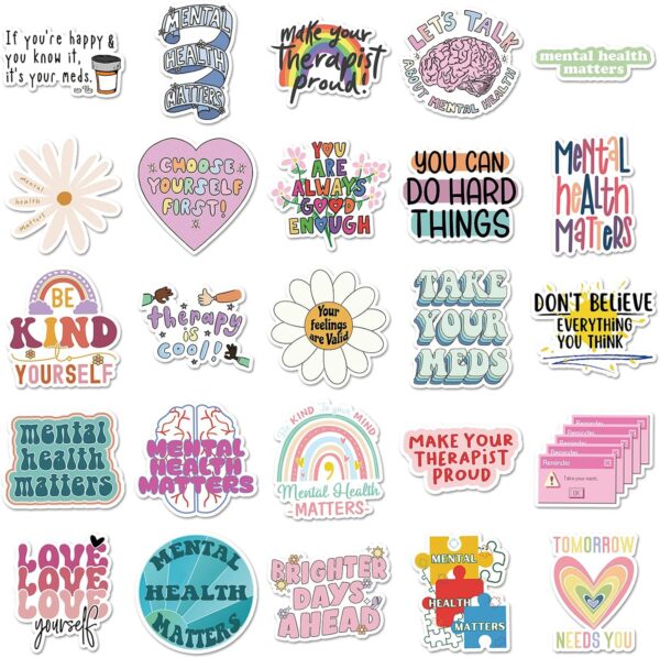 100pcs Mental Health Stickers for Water Bottle, Mental Health Matters Awareness Therapist Waterproof Vinyl Decal for Kids Adult Girl Laptop Skateboard Phone Notebook Guitar(Positive Affirmation)