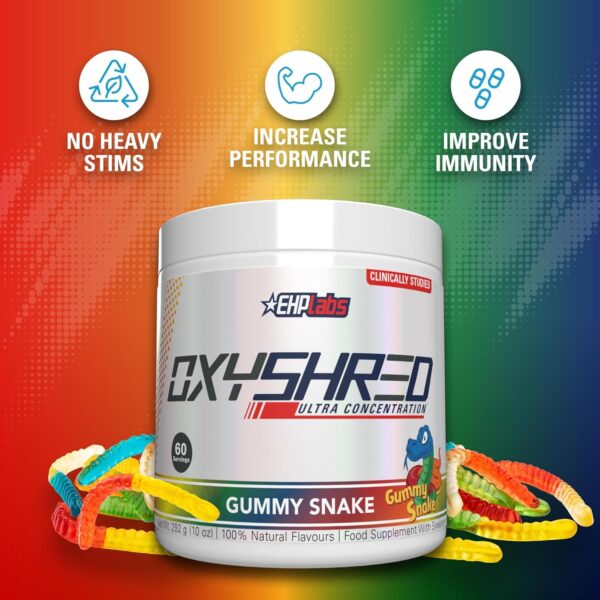 EHP Labs OxyShred Pre Workout Powder - Preworkout Powder with L Glutamine & Acetyl L Carnitine, Energy Boost Drink - Gummy Snake, 60 Servings