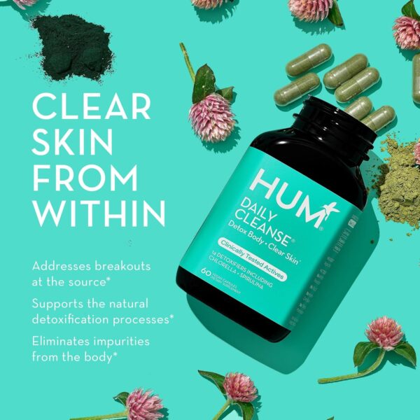 HUM Daily Cleanse Acne Supplement - Gut Cleanse Detox for Clear Skin with Organic Algae, Detoxifying Herbs, Zinc & Spirulina | Clear Skin Supplement (60 Capsules)