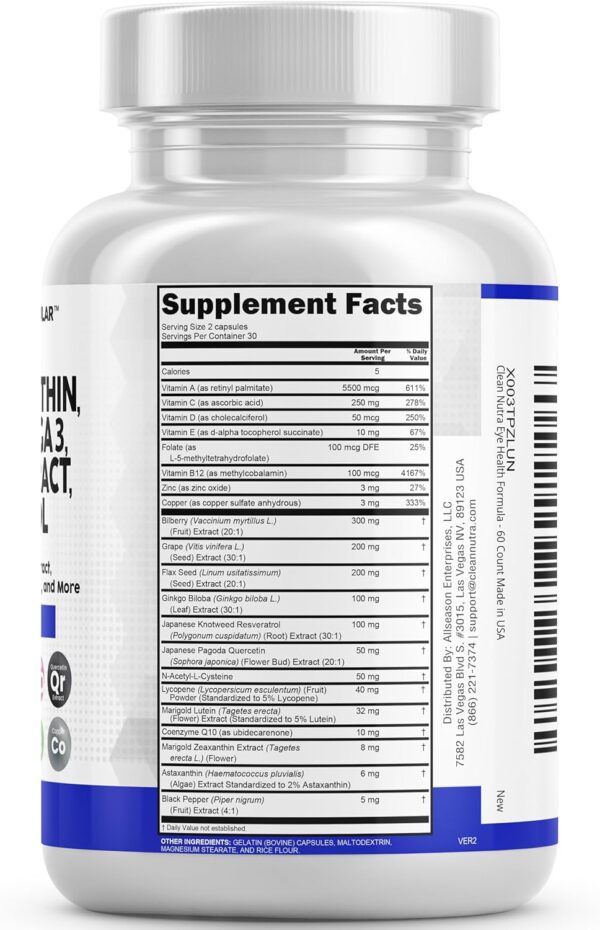 Clean Nutraceuticals Eye Health Vitamins with Bilberry Lutein & Zeaxanthin 40mg Lycopene 40mg Resveratrol Grape Seed Extract Omega 3 Astaxanthin - Eye Vitamin - 60 Capsules
