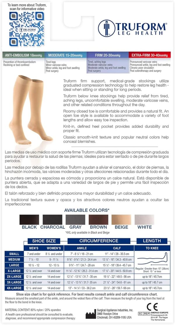Truform Leg Health, Short Length, 20-30 mmHg Medical Compression Stockings for Men and Women, Large