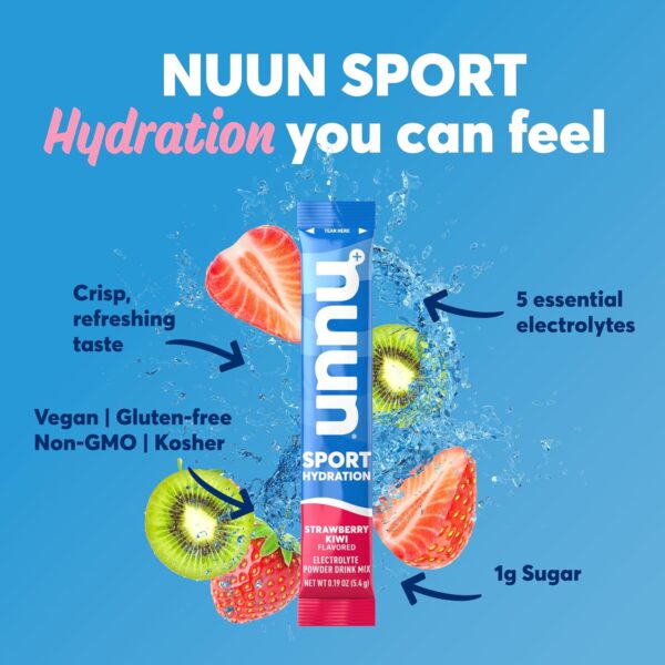 Nuun Sport Electrolyte Powder Packets - Strawberry Kiwi Flavor, 5 Essential Electrolytes for Hydration, Easy Open Drink Mix with Magnesium, 1g Sugar, Non GMO, Vegan, 16 Single Serving Sticks