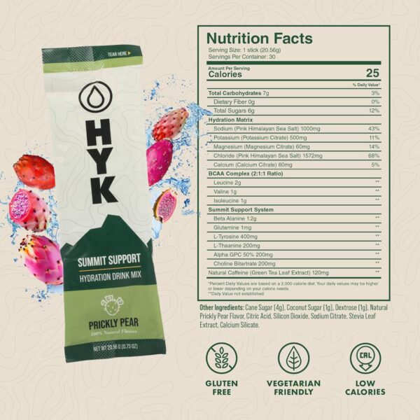 HYK Energy Electrolyte Drink - Hydration Powder Packets for Marathon Runners, Hikers, Endurance Athletes | from Pink Himalayan Salt | Easy Open Single-Serving Stick | Prickly Pear Flavor, 30 Count