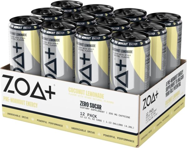 ZOA+ Pre-Workout Energy Drink Supplement - NSF Certified for Sport with Zero Sugar, Nitric Oxide Support, B & D Vitamins, Amino Acids, and Electrolytes (Coconut Lemonade)