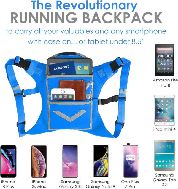 Blue Running Mini Backpack Vest for Men & Women – Reflective with 360° Hi-Viz, Holds Accessories, iPhone, Android, iPad Mini – Lightweight, Adjustable Gear for Fitness, Walking, Cycling, Hiking