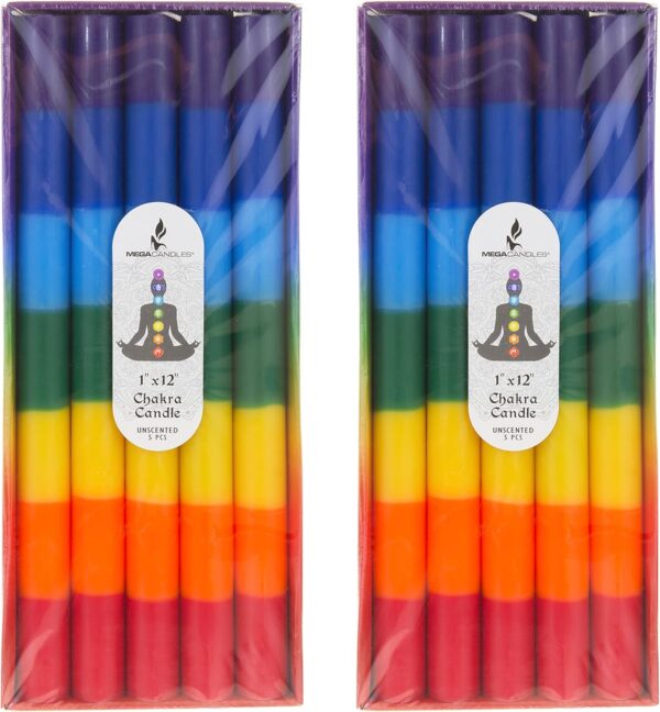 Mega Candles 10 pcs Unscented Multi Color Straight Taper Chakra Candles, Hand Poured Premium Wax Candle 12 Inch x 1 Inch, 100% Cotton Wick, Positive Healing Energy, Meditation, Relaxation, Reiki, Yoga