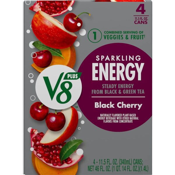 V8 +SPARKLING ENERGY Black Cherry Energy Drink, Made with Real Vegetable and Fruit Juices, 11.5 FL OZ Can 4 Count (Pack of 6)