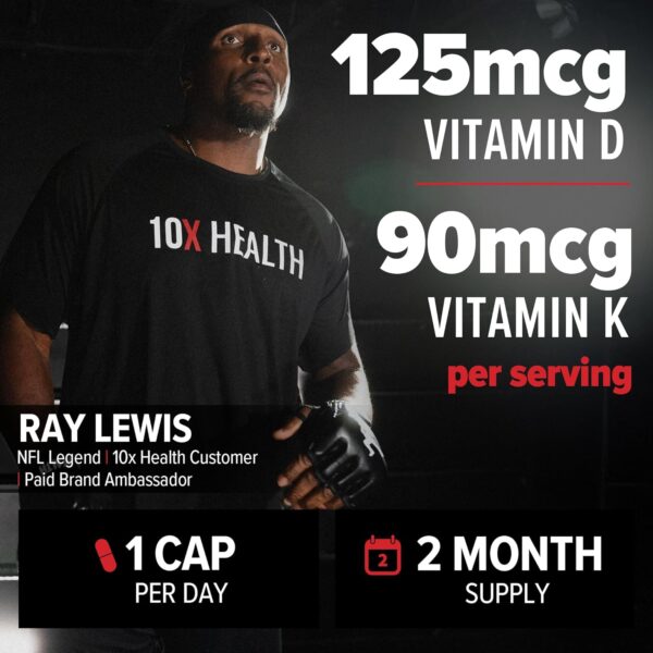 10X Health Vitamin D3 K2 - Loaded with 125 mcg Vitamin D and 90 mcg Vitamin K (Menaquinone 7) - D3 and K2 Supplements That Support Bone Health, Heart and Teeth - 60 Capsules