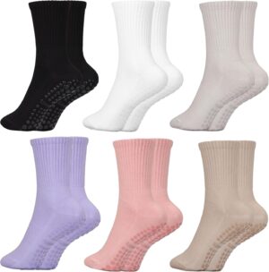 Pilates Socks with Grips for Women,6 Pairs Cotton Non Slip Yoga Crew Socks for Barre, Ballet, Dance, Workouts Size 5-9