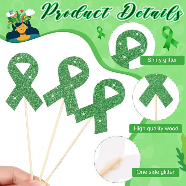 Yeaqee 48 Pcs Green Mental Health Awareness Cupcake Toppers Green Glitter Ribbon Cupcake Picks Mental Health Awareness Items for Society Events Mental Health Party Supplies