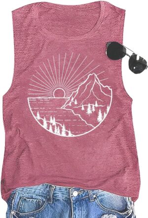 Women Hiking Mountain Shirt Nature Sunrise Graphic Printed Hiking T Shirt Summer Short Sleeve Workout Tee top
