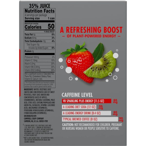 V8 +SPARKLING ENERGY Strawberry Kiwi Energy Drink, Made with Real Vegetable and Fruit Juices, 11.5 FL OZ Can (6 Packs of 4)