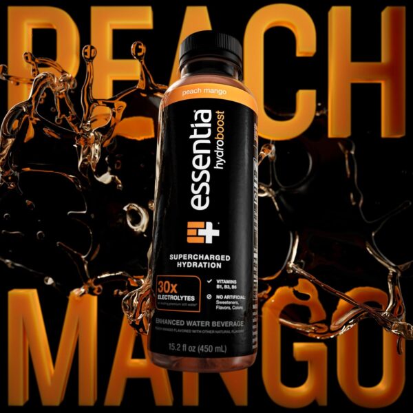 NEW Essentia Hydroboost Enhanced Bottled Water, 15.2 fl. oz. (450 mL), 12 Pack, Peach Mango, Hydrolyte Blend with B-Complex Vitamins and Electrolytes, Clean Taste & Supercharged Hydration