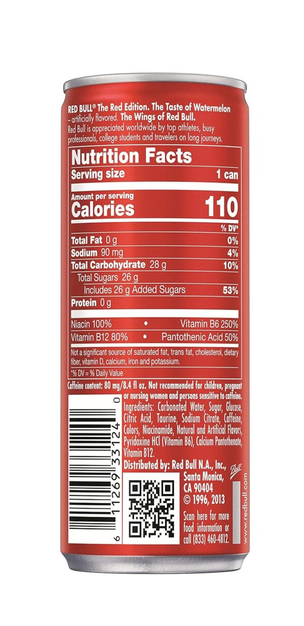 Red Bull Red Edition Energy Drink, Watermelon, with 80mg Caffeine plus Taurine & B Vitamins, 8.4 Fl Oz, Pack of 4 Cans