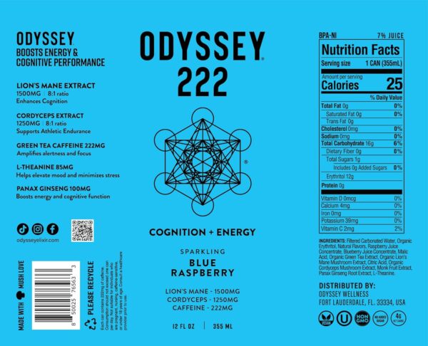Odyssey 222 Energy Drink, Pre Workout, 222mg Caffeine, Clean Energy Drinks, L Theanine, Lions Mane, Cordyceps & Green Tea for Energy, Focus & Mood Boost, Low Calorie, Blue Raspberry, 12 Fl oz, 12 Pack