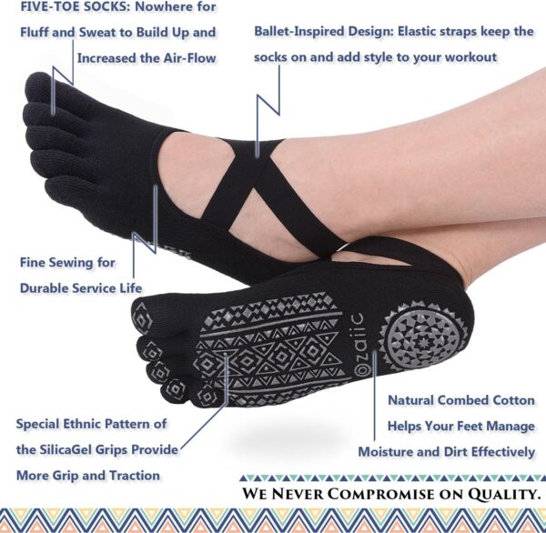 Ozaiic Yoga Socks for Women with Grips, Non-Slip Five Toe Socks for Pilates, Barre, Ballet, Fitness