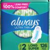 Always Ultra Thin Feminine Pads with Wings for Women, Super Absorbency, Unscented, Size 2, 126 Count