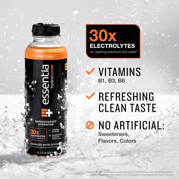 NEW Essentia Hydroboost Enhanced Bottled Water, 15.2 fl. oz. (450 mL), 12 Pack, Peach Mango, Hydrolyte Blend with B-Complex Vitamins and Electrolytes, Clean Taste & Supercharged Hydration
