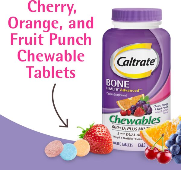 Caltrate Chewables 600 +D3 Plus Minerals Calcium and Vitamin D, Sugar Free, Cherry, Orange and Fruit Punch, 155 count