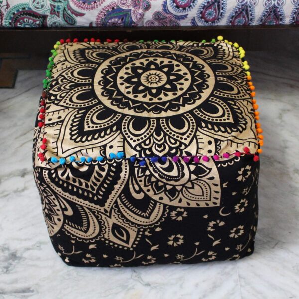 CRAFT KALA Mandala Meditation Floor Pillows Cover Square Pillow Seating Hippie Decorative Adults Bohemian Cushion Cover Outdoor Living Room Throw Ottoman Poufs Cover 22X22X14 inches, Black Gold Flower