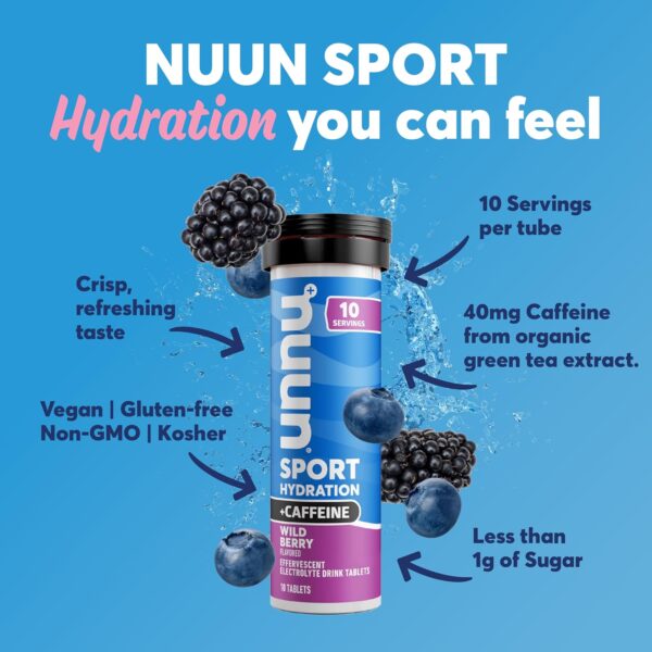 Nuun Sport + Caffeine Electrolyte Tablets - Dissolvable in Water, Wild Berry Flavor, 5 Essential Electrolytes for Hydration, 1g Sugar Drink Mix, Vegan, Non-GMO, 8 Pack (80 Total Servings)