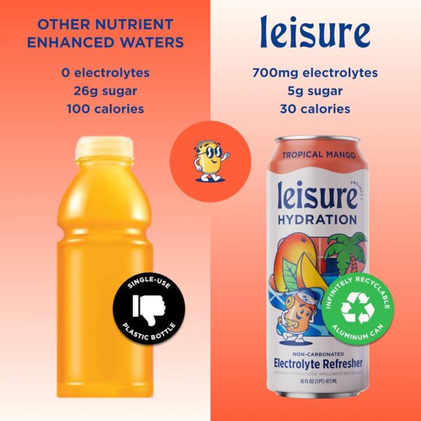 Leisure Project Electrolyte Refresher, Tropical Mango (16oz Cans, 12 Pack) Mango Hydration Drink w/Magnesium & Ashwagandha For Mood & Stress Support, Low Sugar Drink w/Real Fruit, Vitamins & Minerals