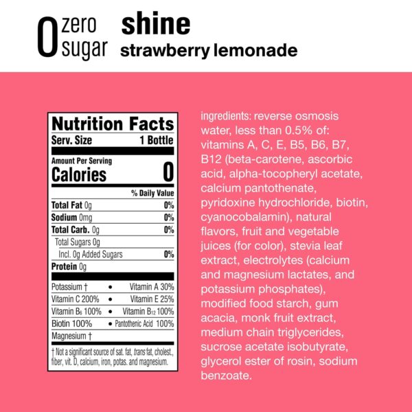 vitaminwater zero sugar shine, electrolyte enhanced water w/vitamins, strawberry lemonade drinks, 20 fl oz, 12 Pack