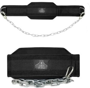 Bear Grips Dip Belt for Weight Lifting, Weight Belt for Pull Ups, Weighted Dip Belt, Weightlifting Belt for Chin Ups, With Steel Chain, 8mm Padded Support, Traditional, Plastic or Metal Buckle - Black