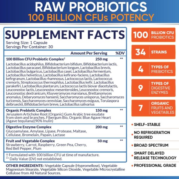Organic Raw Probiotics 100 Billion CFU, Dr Formulated for Women and Men, Complete Adult Supplement with Prebiotics and Digestive Enzymes; 30 Capsules, Shelf Stable