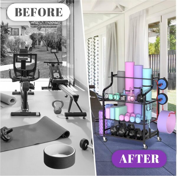 Mythinglogic Yoga Mat Storage Racks,Home Gym Storage Rack for Dumbbells Kettlebells Foam Roller, Yoga Strap and Resistance Bands, Workout Equipment Storage Organizer With Hooks and Wheels