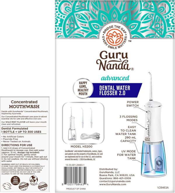 GuruNanda Advanced Water Flosser 2.0 with UV Mode & Concentrated Mouthwash Duo - Fresh Breath & Thorough Plaque Removal for a Brighter Smile