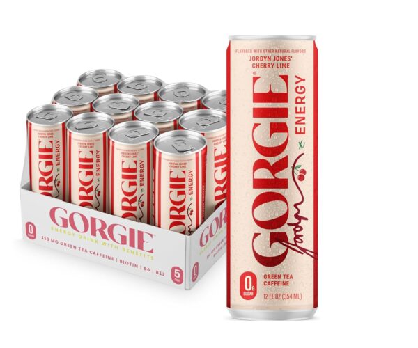 GORGIE Jordyn Jones Cherry Lime, Sugar-Free Natural Energy Drink Sparkling, Healthy Energy Drinks - Green Tea, Biotin, B Vitamins -150mg Caffeine, Vegan, & Low Calorie (Pack of 12)