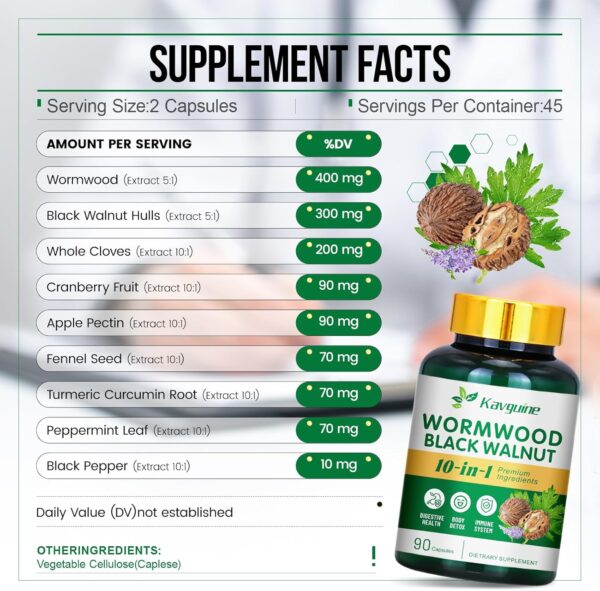 10 in 1 Wormwood Capsules, Black Walnut Hulls Cloves Black Pepper urmeric Curcumin Root Peppermint Leaf, DIigestive Health, Body Detox, 90 Capsules
