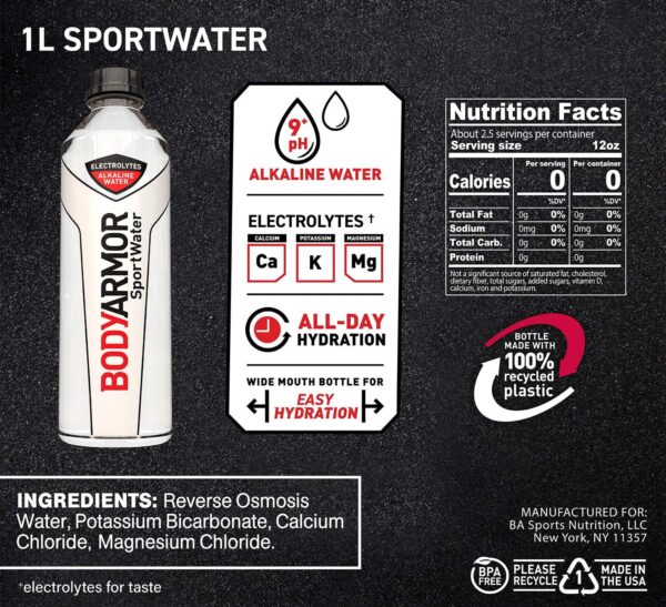 BODYARMOR SportWater Alkaline Water, Superior Hydration, High Alkaline Water pH 9+, Electrolytes, Perfect for your Active Lifestyle, 1 Liter (Pack of 12)